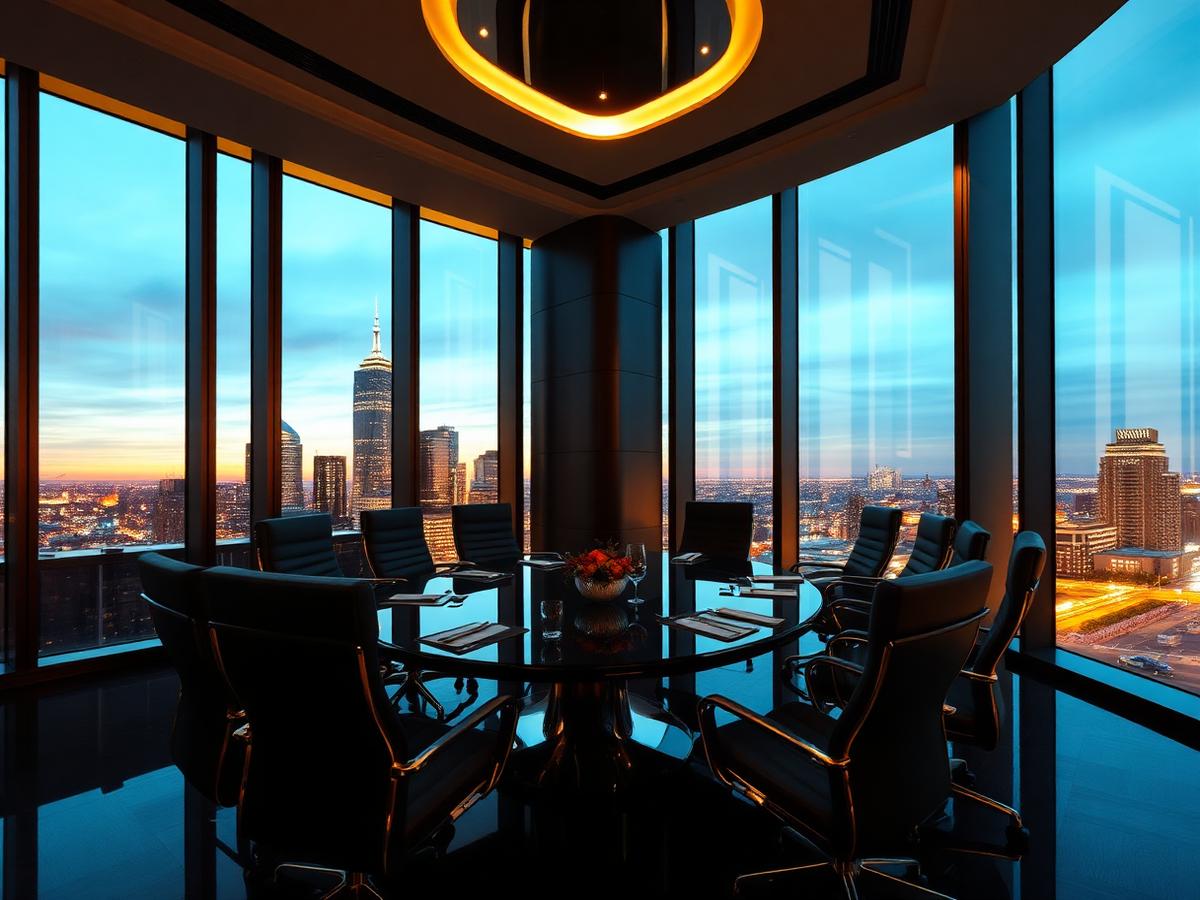 Executive boardroom with skyline view