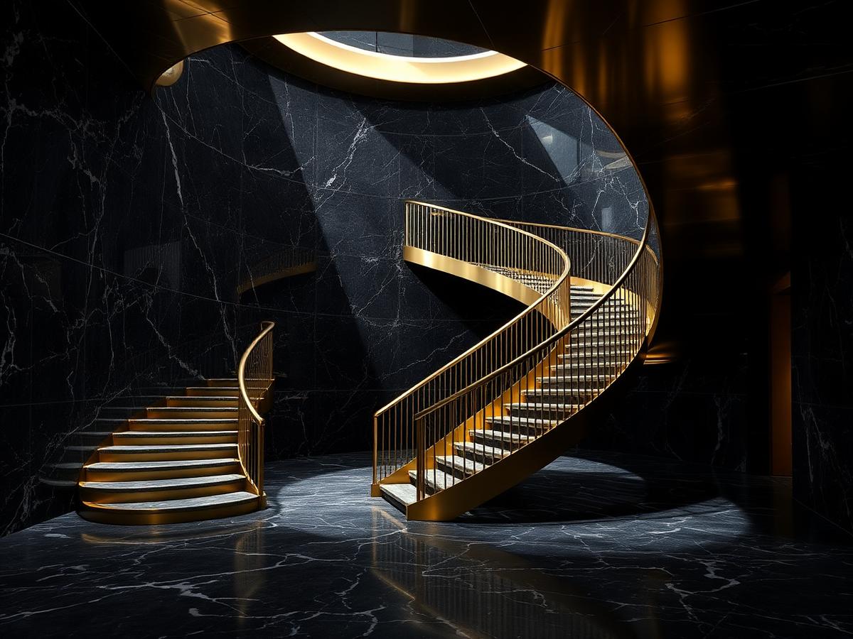 Golden spiral staircase in marble atrium