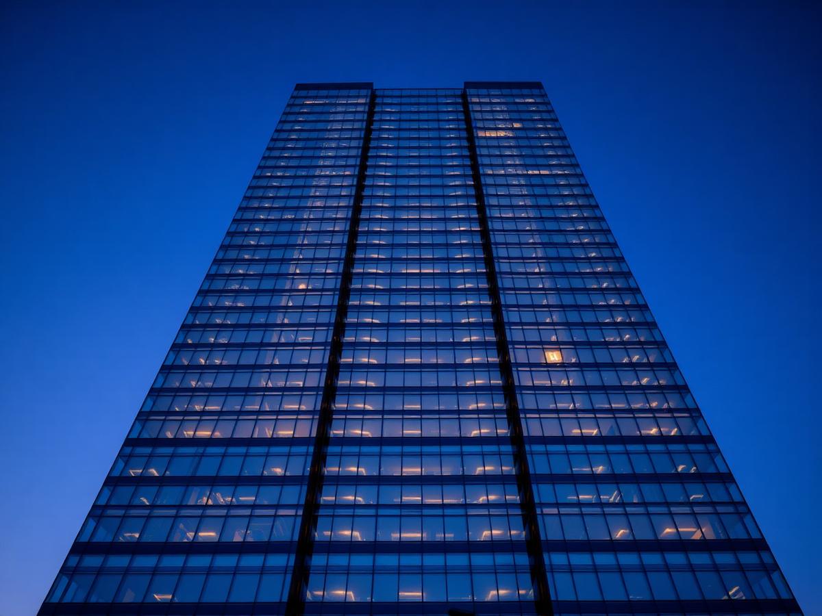 Modern skyscraper facade at twilight