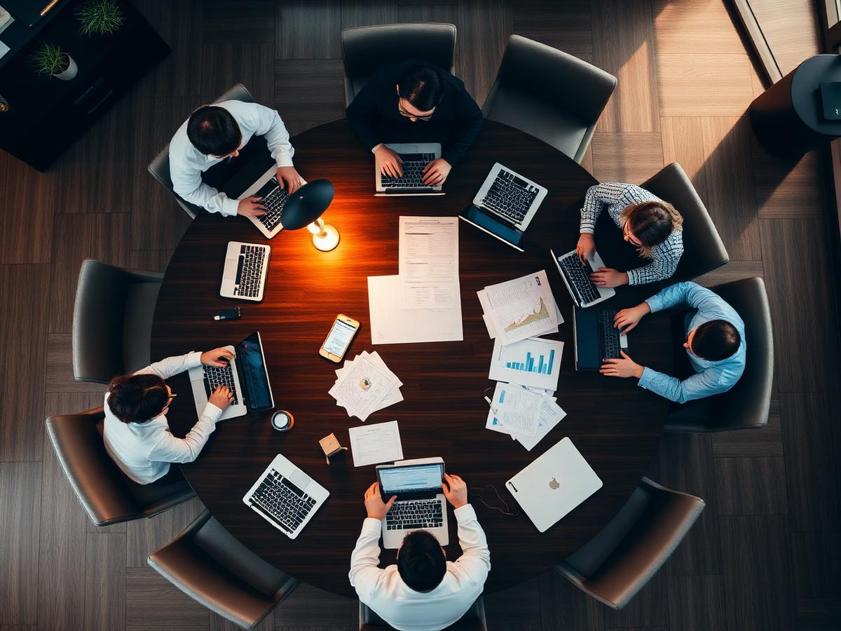 Team collaboration around a conference table