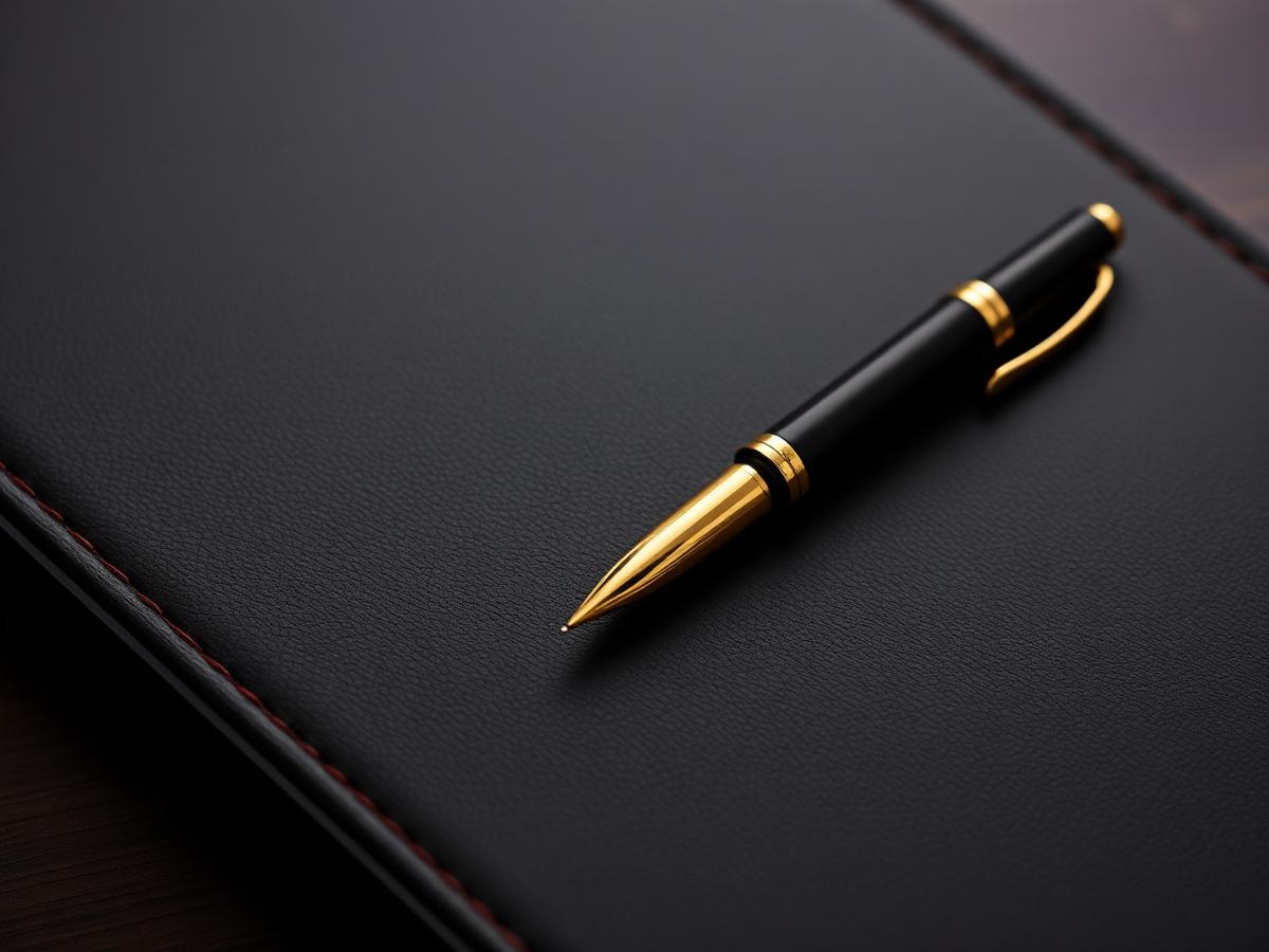 Gold pen resting on leather portfolio